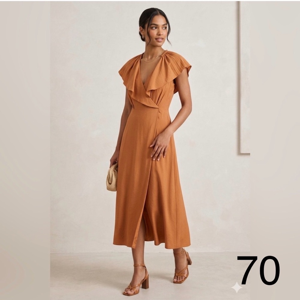 Vince Rust Wrap-Front Ruffle Midi Dress